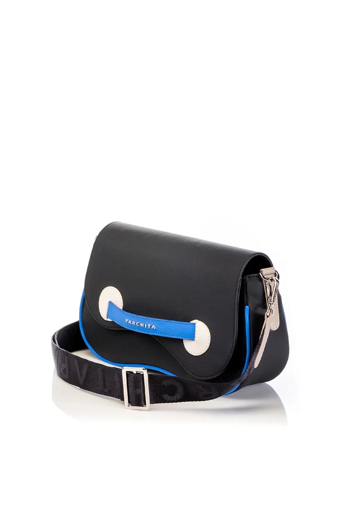 Parchita Brand bag with blue strap and visible brand logo on a white background