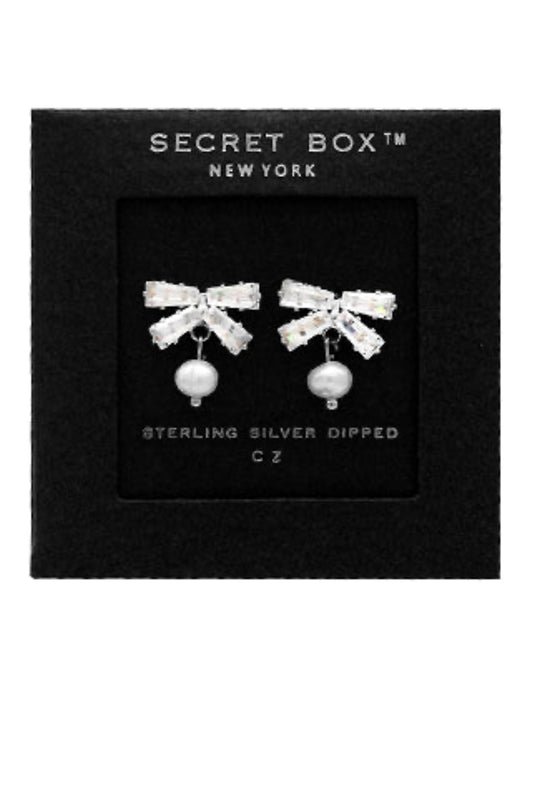 Pearl & CZ Baguette Bow Earrings
