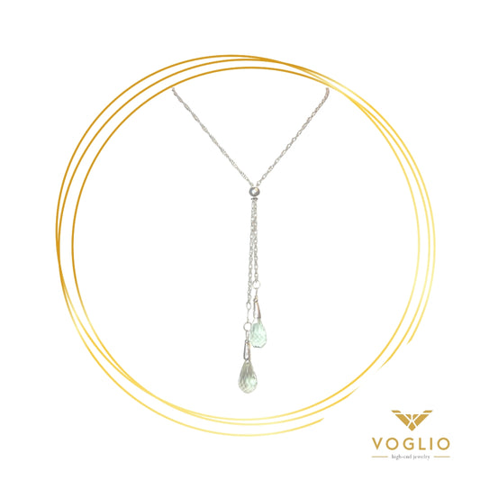 VOGLIO: Praisolite Briolette Double Drop Sterling Silver Necklace