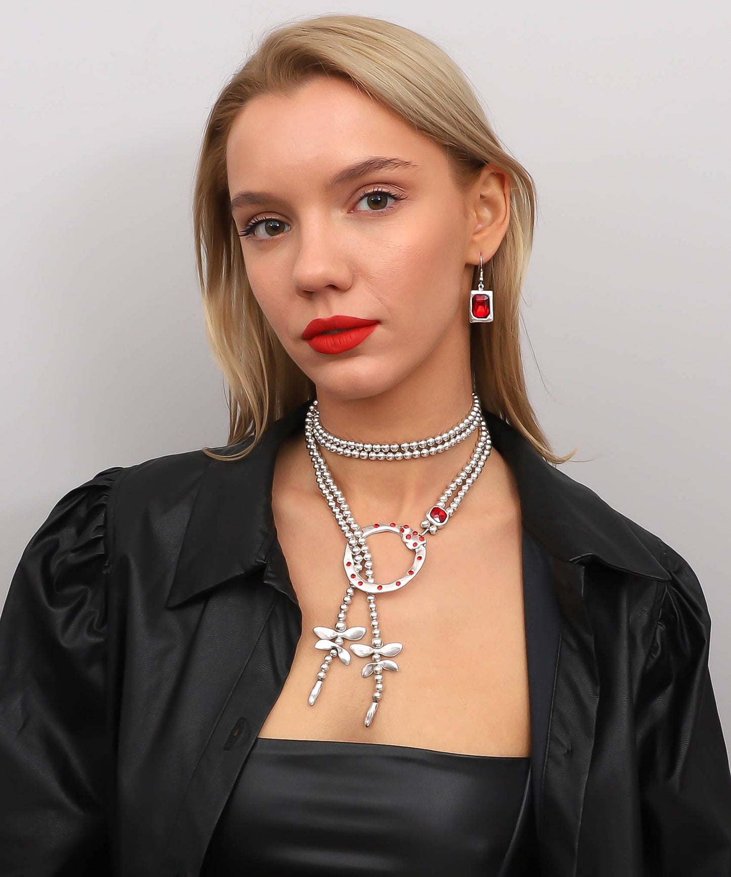 Red Crystal Dragonfly Handmade Silver-Plated Necklace & Earrings Set | Uniquely Claudia Boutique 