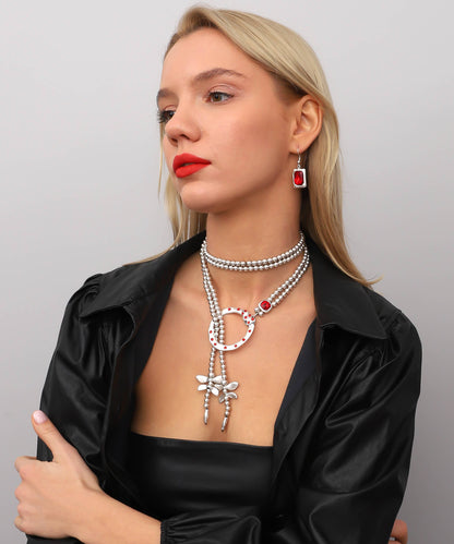 Red Crystal Dragonfly Handmade Silver-Plated Necklace & Earrings Set | Uniquely Claudia Boutique 