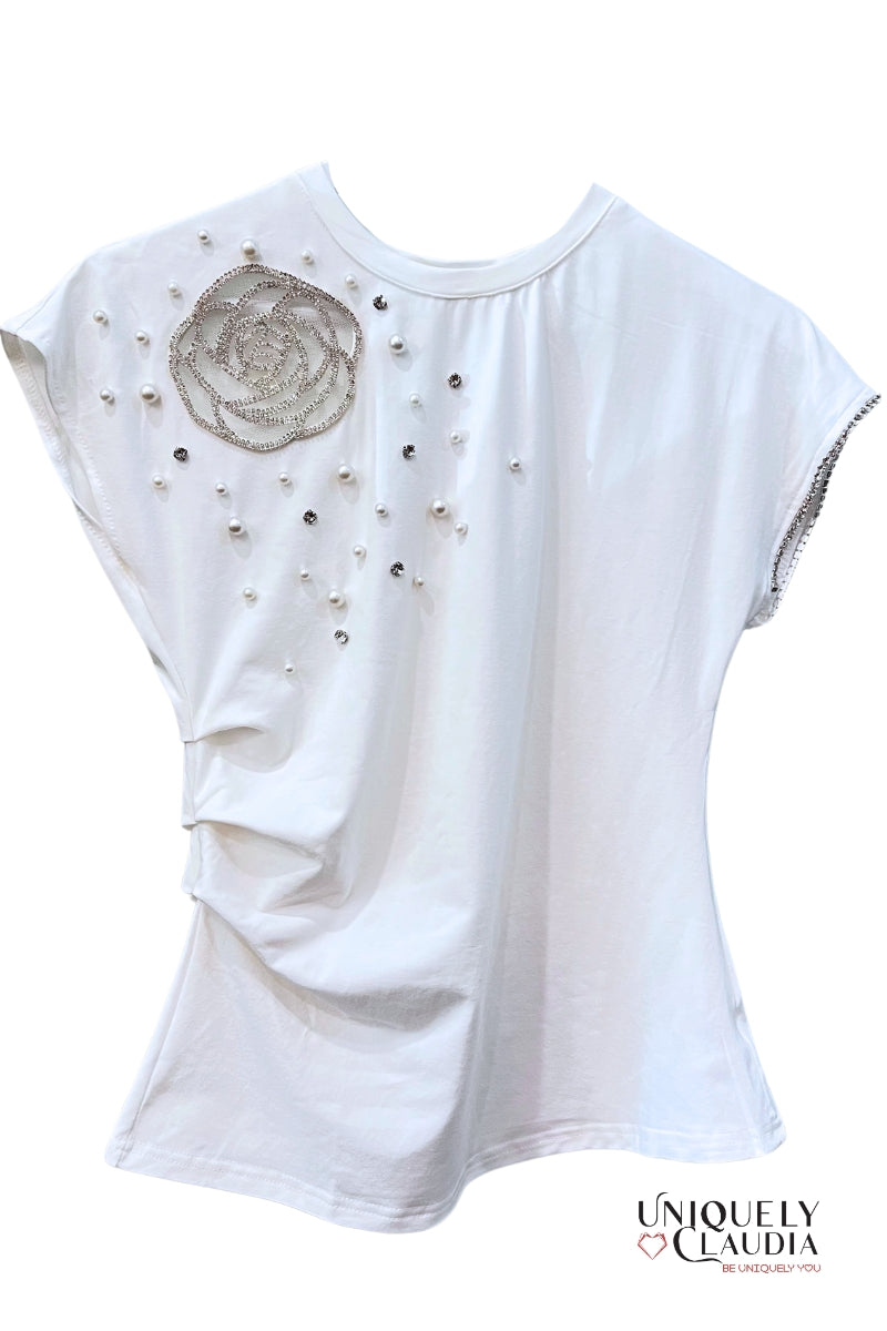 Rose & Pearls Embellished Tee