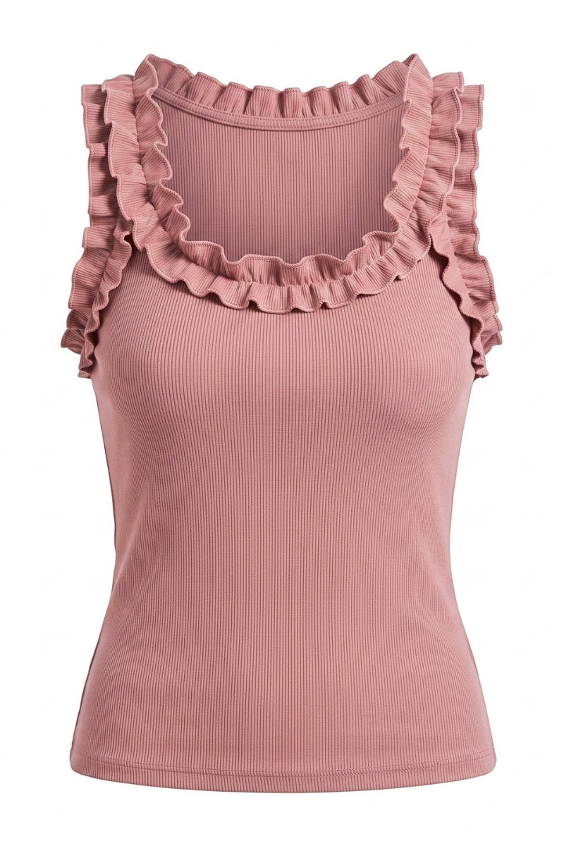 A sleeveless ribbed tank top in dusty rose pink, featuring a wide scoop neckline and ruffled trim along the shoulders and neckline, shown against a plain white background.