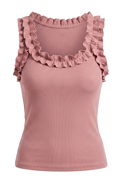 A sleeveless ribbed tank top in dusty rose pink, featuring a wide scoop neckline and ruffled trim along the shoulders and neckline, shown against a plain white background.