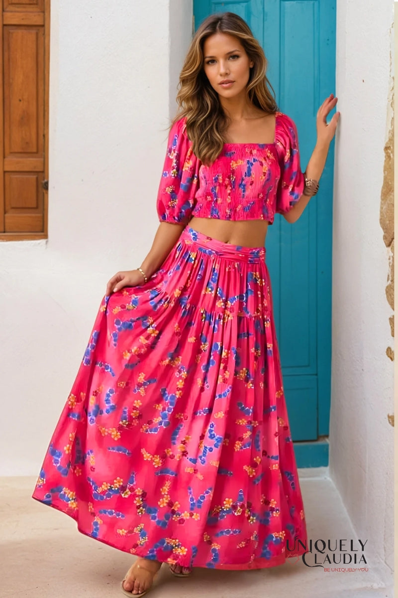 Rosita Puff Short Sleeve Crop Top & Ruffled Maxi Skirt |