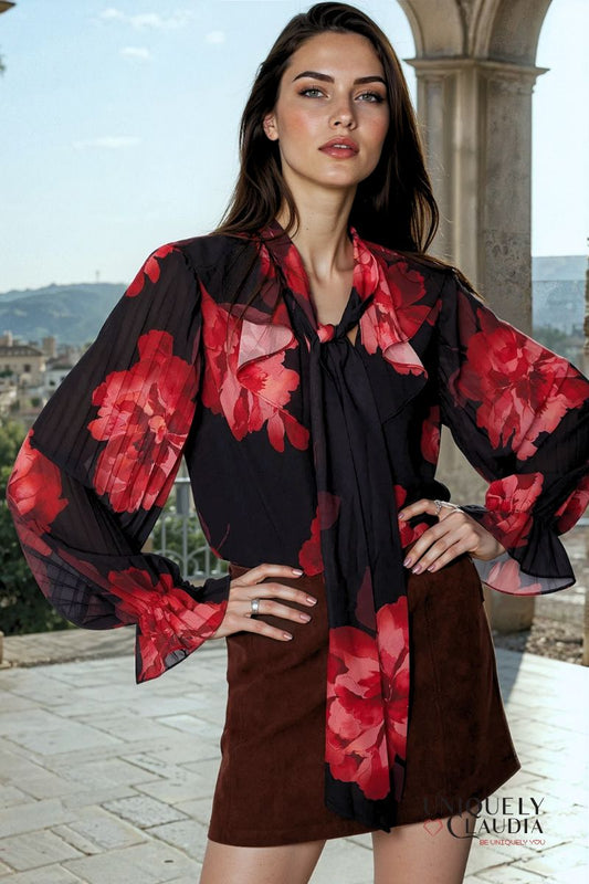 Scarlet Floral Chiffon Neck-Tie Blouse