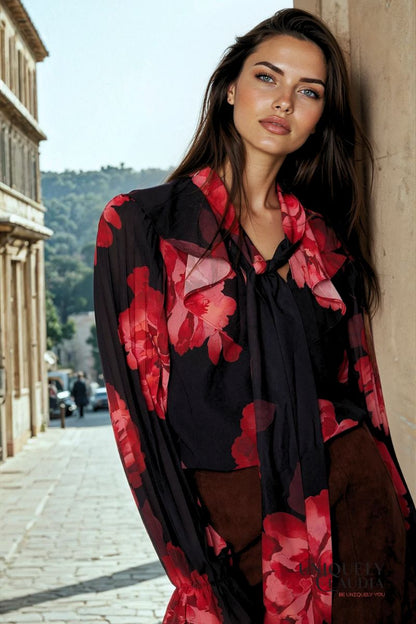 Scarlet Floral Chiffon Neck-Tie Blouse