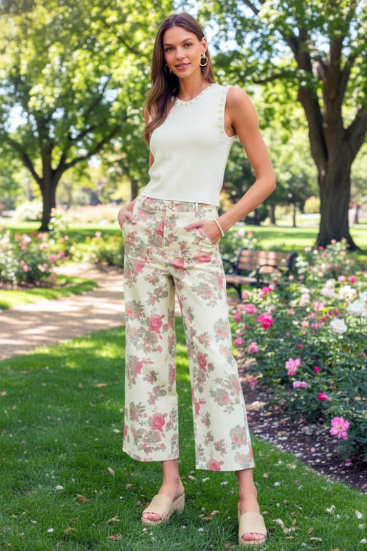 Seraphina Floral Print Ivory Wide-Leg Pants