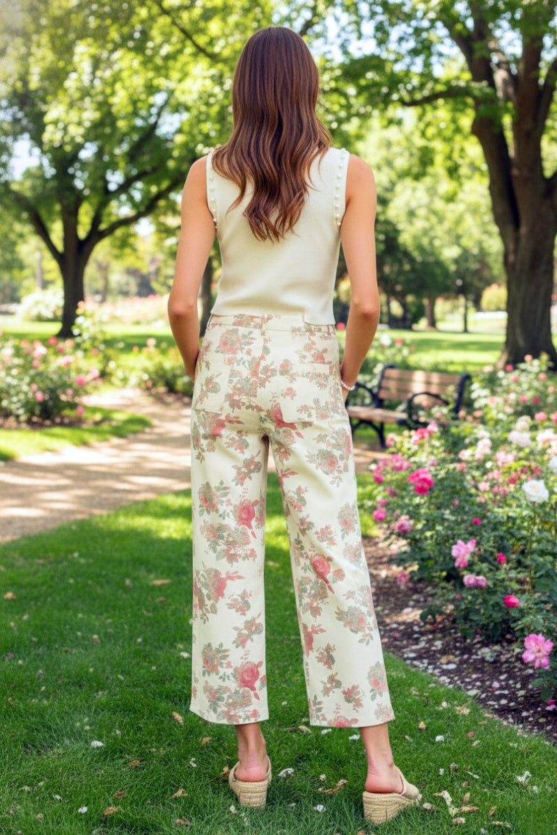 Seraphina Floral Print Ivory Wide-Leg Pants