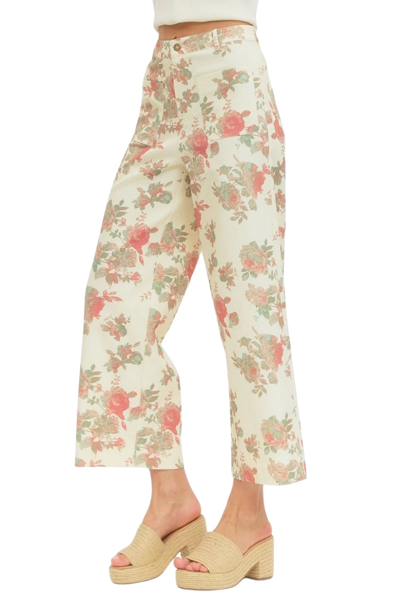 Seraphina Floral Print Ivory Wide-Leg Pants