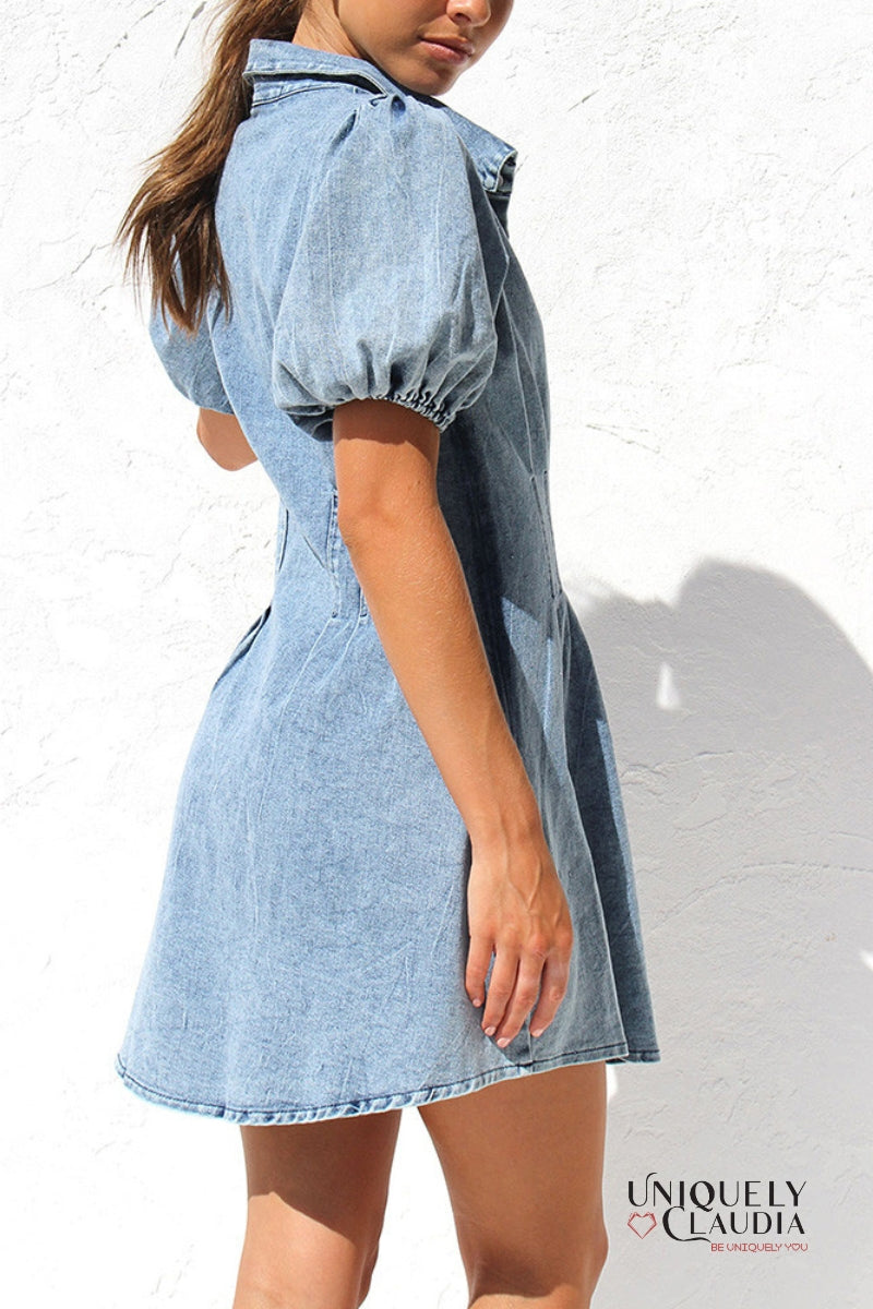 Serenity Puff Sleeves Denim Dress - Uniquely Claudia Boutique