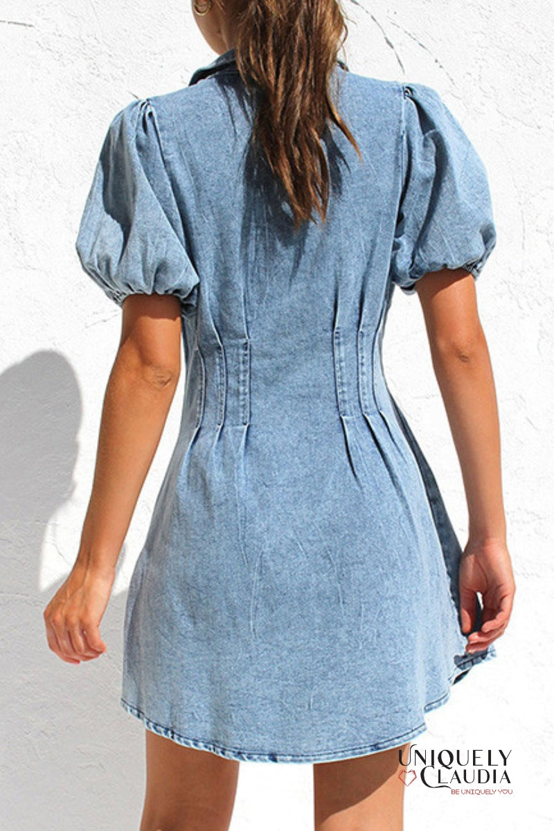 Serenity Puff Sleeves Denim Dress - Uniquely Claudia Boutique