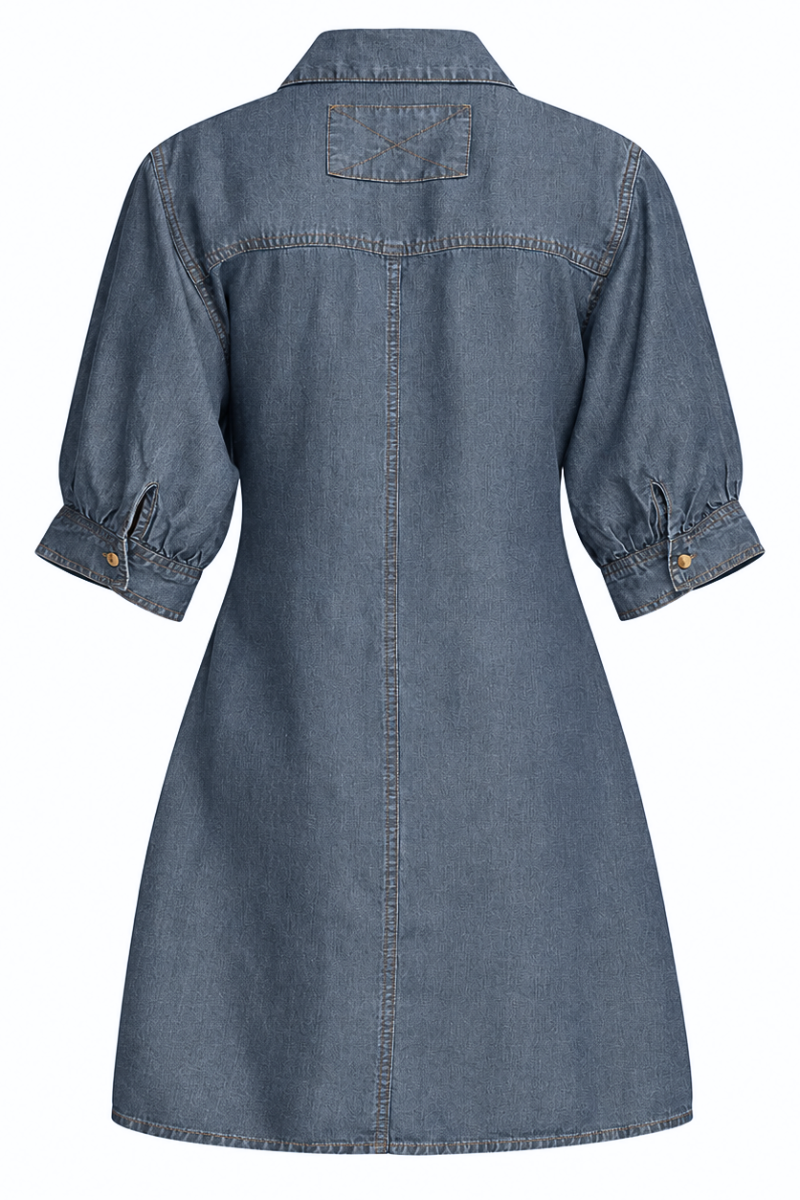 A blue denim shirt dress shown from the back, featuring a pointed collar, a central seam, and three-quarter length puff sleeves with buttoned cuffs.