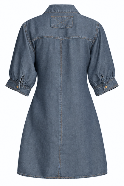 A blue denim shirt dress shown from the back, featuring a pointed collar, a central seam, and three-quarter length puff sleeves with buttoned cuffs.