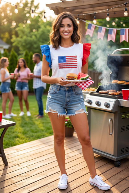 Woman holding a plate of food in front of a barbecue grill with friends in the background.