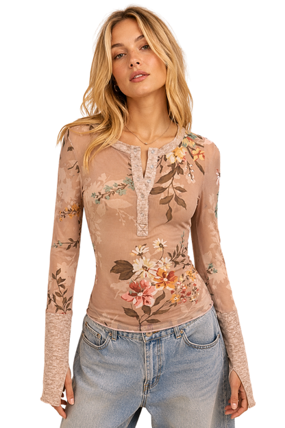 Sierra Floral Mesh Henley Top