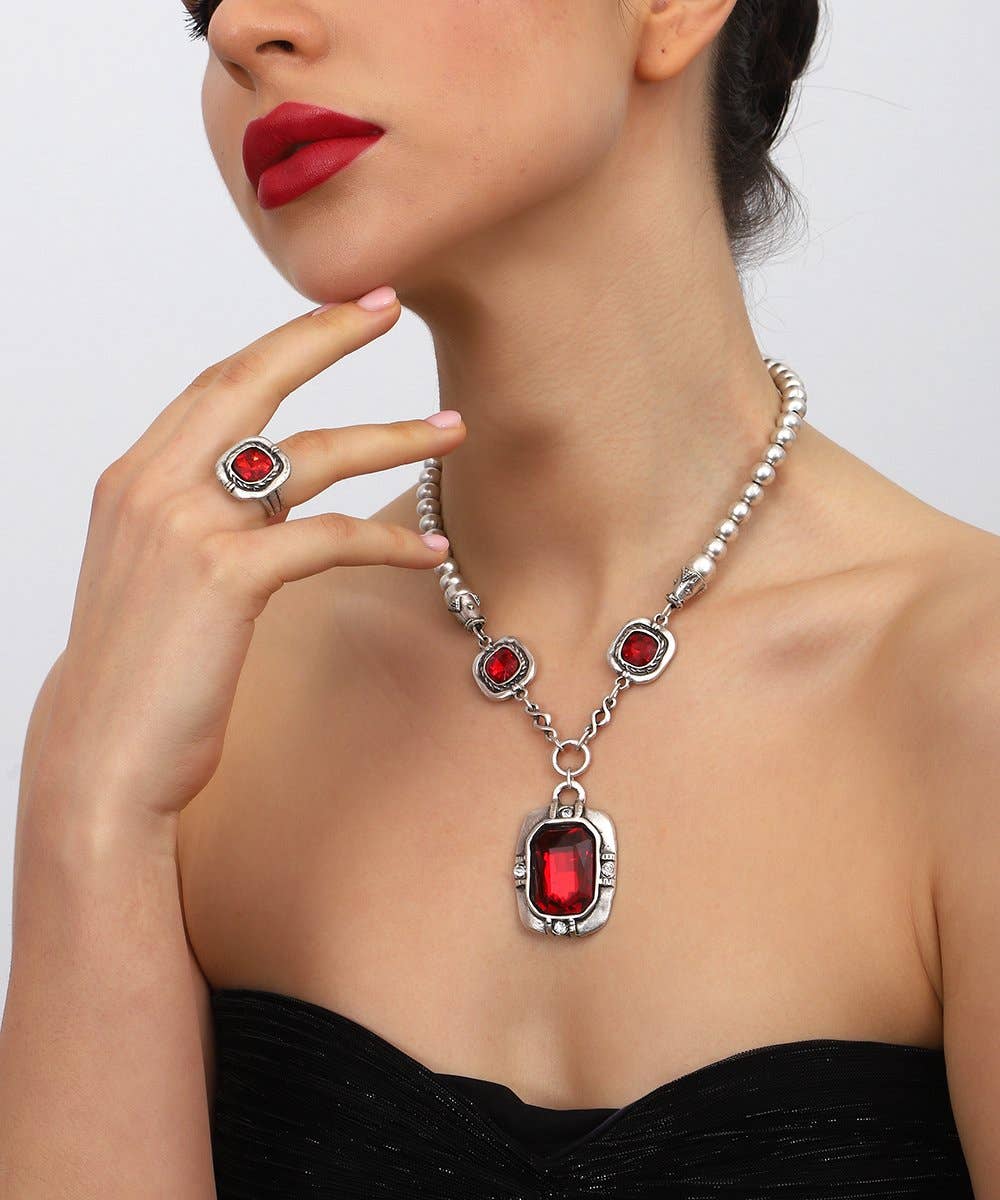 Silver-Plated Bezel Red Crystal Necklace & Adjustable Ring Set