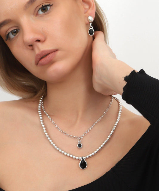 Silver-Plated Black Crystal Double Row Necklace & Earrings Set