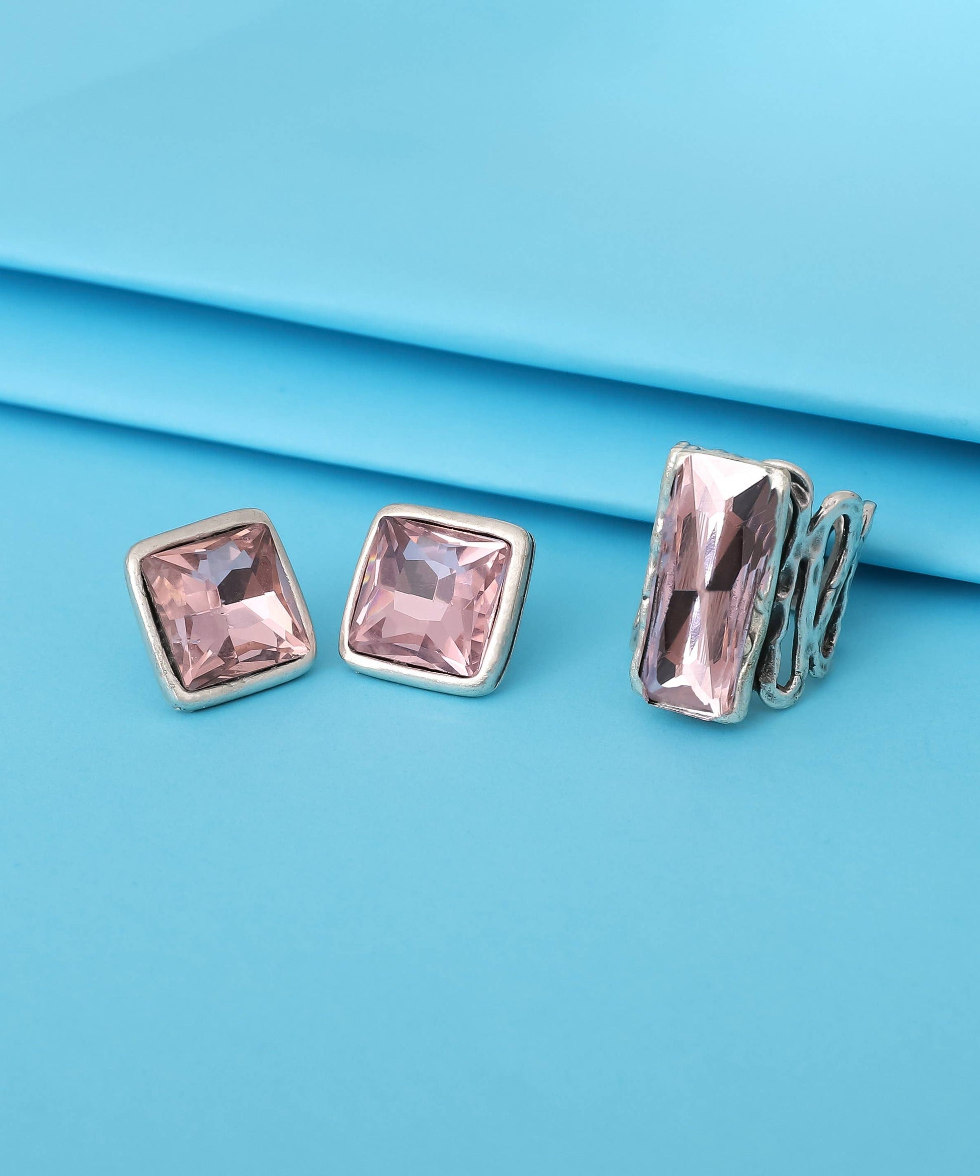 Silver-Plated Pink Crystal Adjustable Ring and Earrings Set