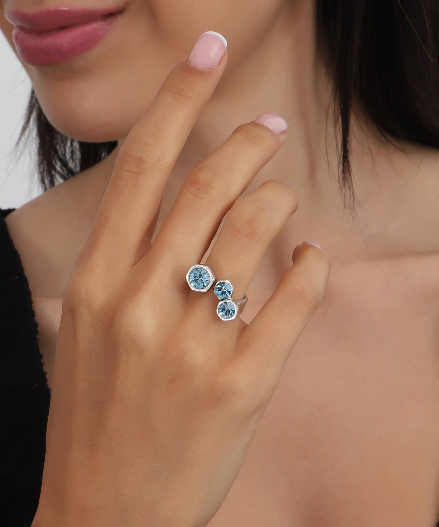 Silver-Plated Turquoise Crystal Adjustable Ring