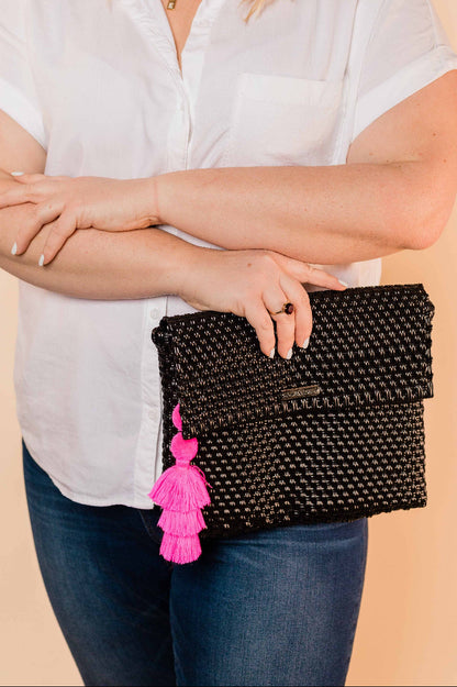 Solid Woven Black Clutch with Tassel | Uniquely Claudia 