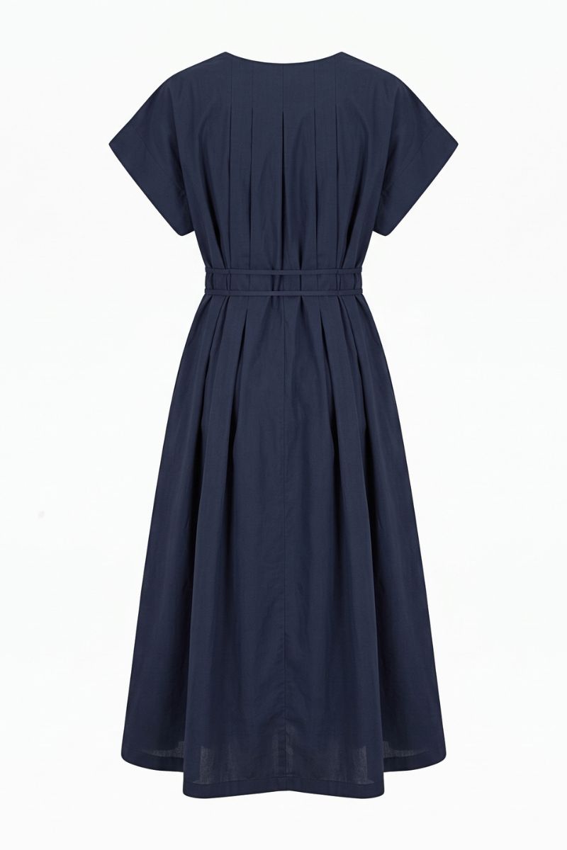 A navy blue short-sleeve midi dress with a pleated bodice and a matching fabric belt at the waist, shown against a plain white background.