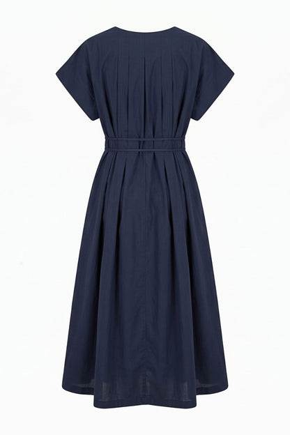 A navy blue short-sleeve midi dress with a pleated bodice and a matching fabric belt at the waist, shown against a plain white background.