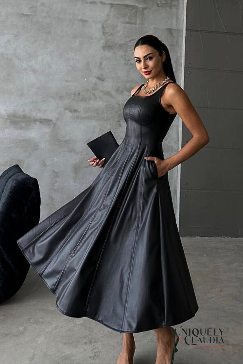 Sophia Vegan Leather Midi Dress | Uniquely Claudia Boutique