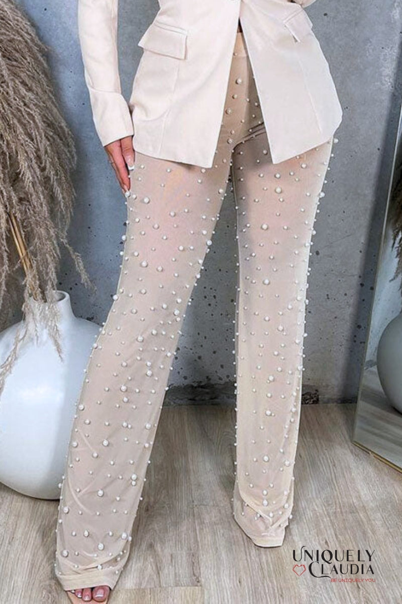Sophie Wide-Leg Pearl Beaded Sheer Pants | Uniquely Claudia Boutique