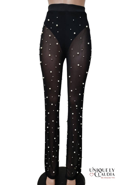 Sophie Wide-Leg Pearl Beaded Sheer Pants | Uniquely Claudia Boutique