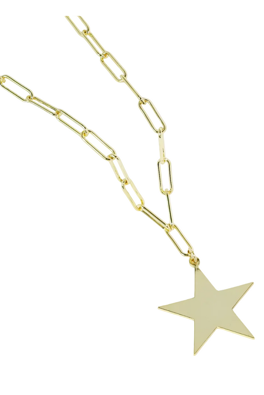 Gold star pendant necklace on a white background