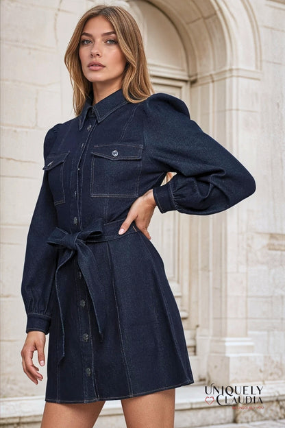 Woman wearing a dark denim dress with a belt in front of a classical architectural background.
