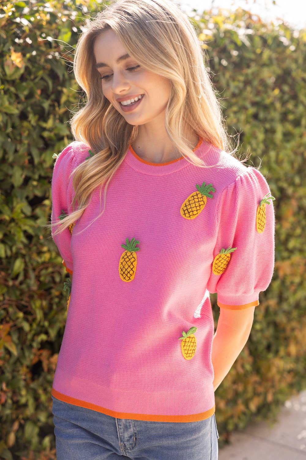 Sunny Pineapple Puff Sleeve Knit Top