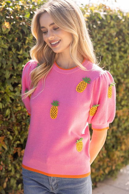 Sunny Pineapple Puff Sleeve Knit Top