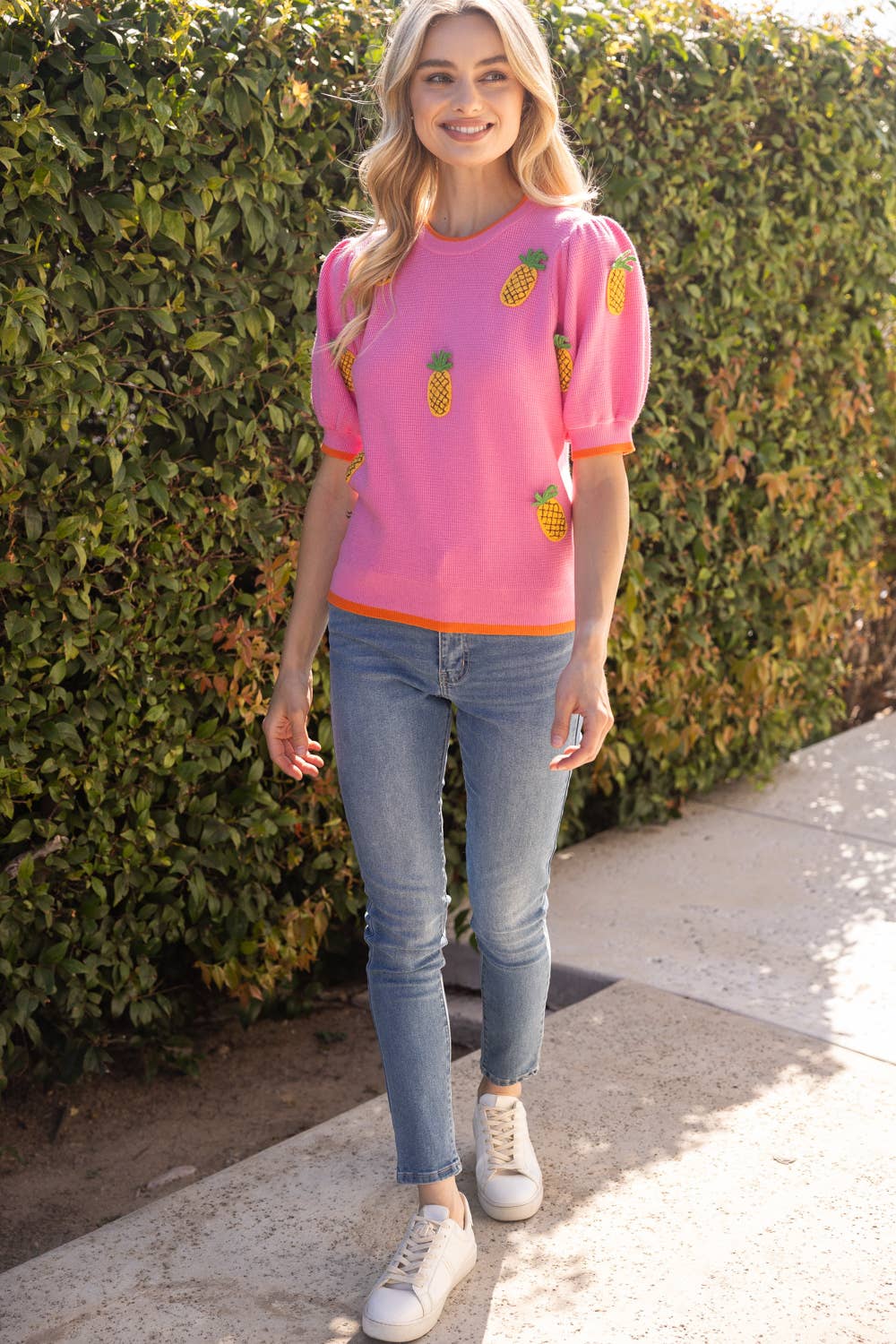 Sunny Pineapple Puff Sleeve Knit Top