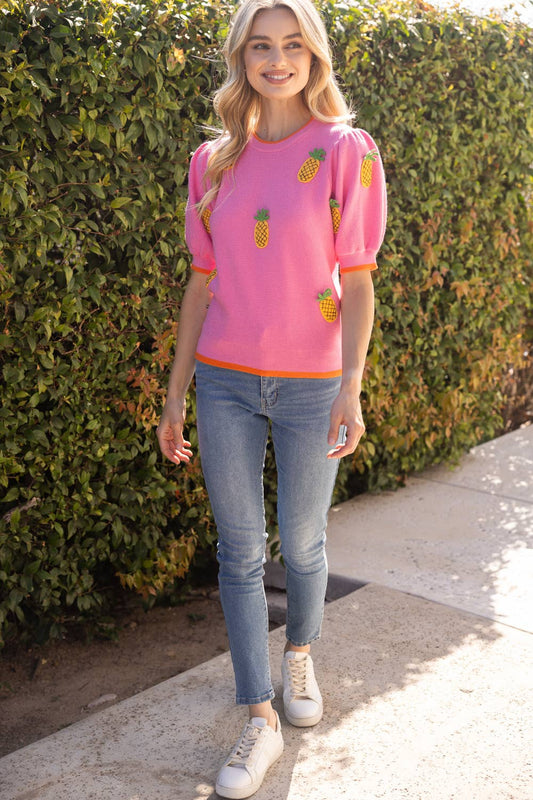 Sunny Pineapple Puff Sleeve Knit Top