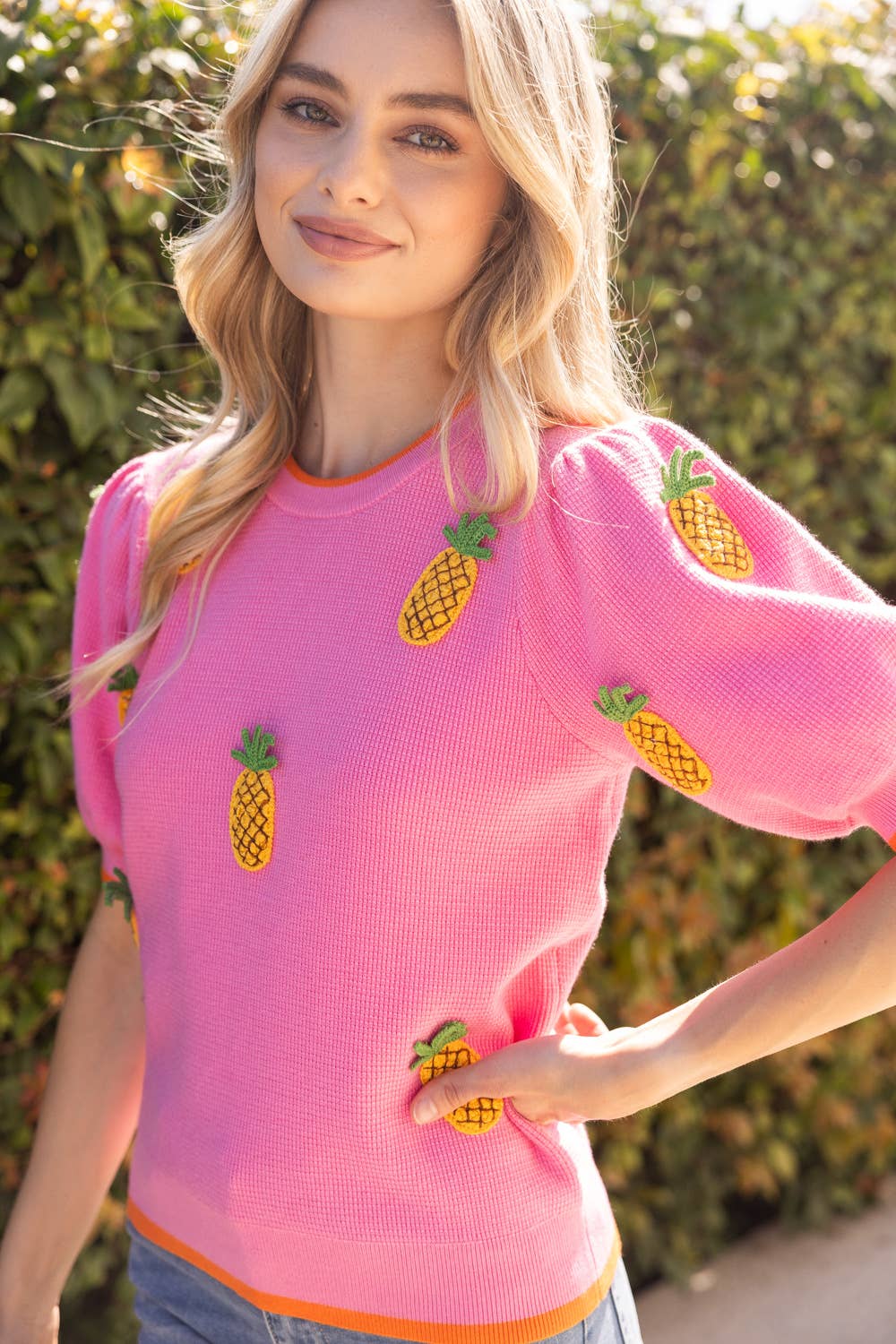 Sunny Pineapple Puff Sleeve Knit Top