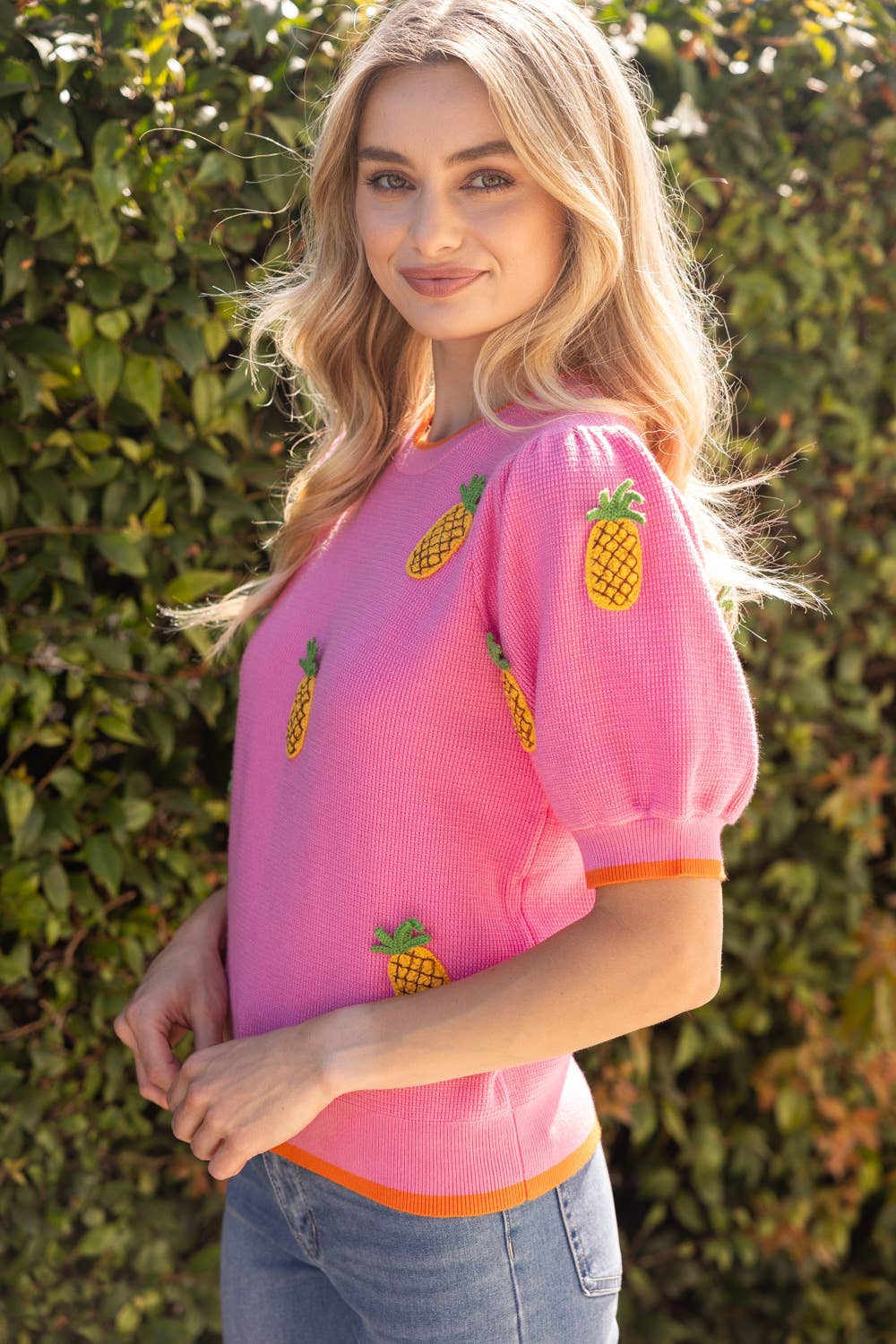 Sunny Pineapple Puff Sleeve Knit Top