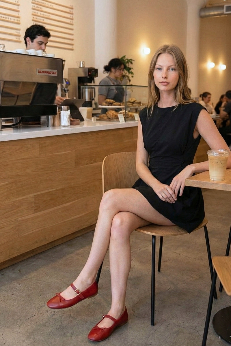 Woman in a black dress and red shoes sitting at a cafe counter.