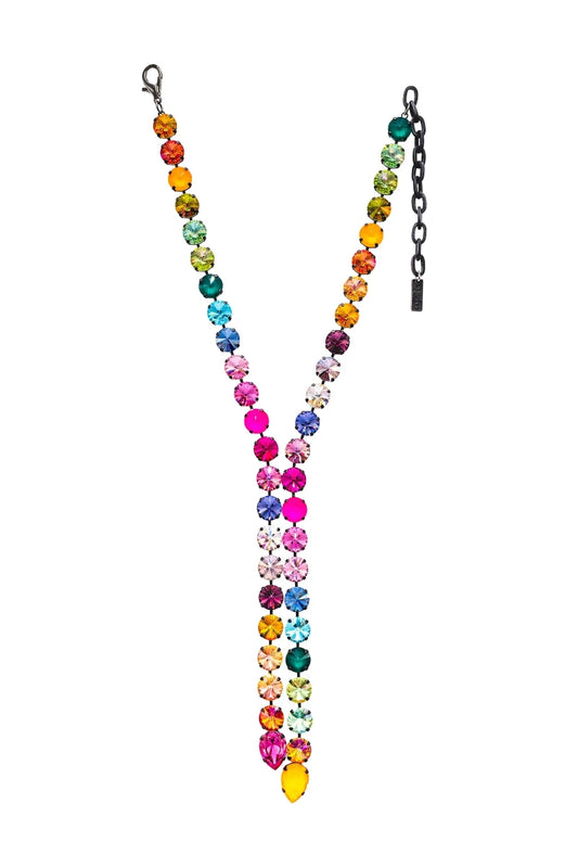 Colorful beaded necklace with a chain on a white background