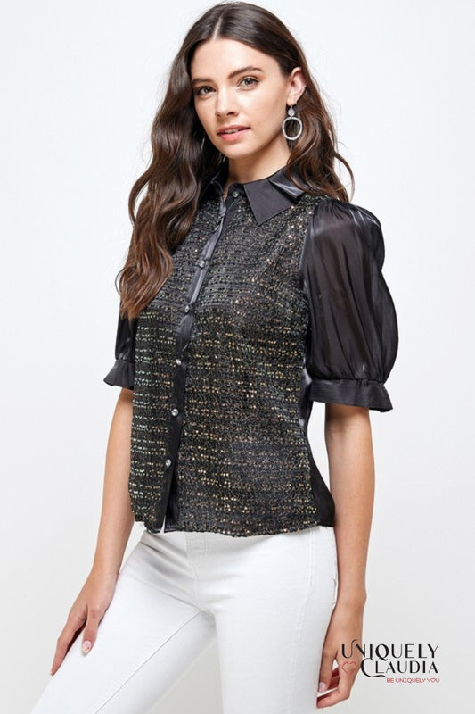 Tabitha Bronze Sequence Lurex Black Blouse | Uniquely Claudia Boutique