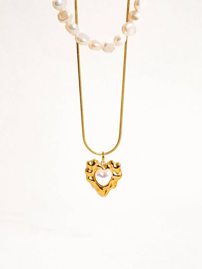 Taliana 18K Gold Non-Tarnish Layered Pearl Heart Necklace - Uniquely Claudia Boutique