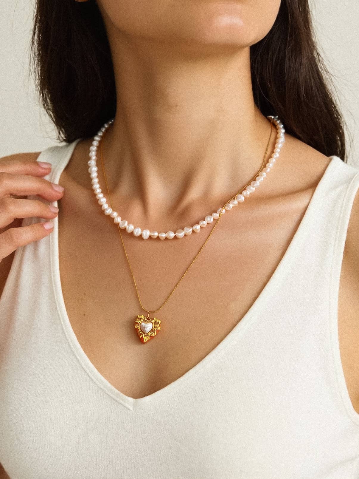 Taliana 18K Gold Non-Tarnish Layered Pearl Heart Necklace - Uniquely Claudia Boutique