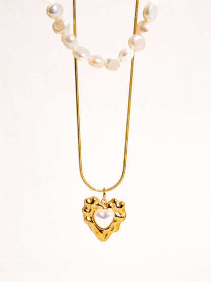 Taliana 18K Gold Non-Tarnish Layered Pearl Heart Necklace - Uniquely Claudia Boutique