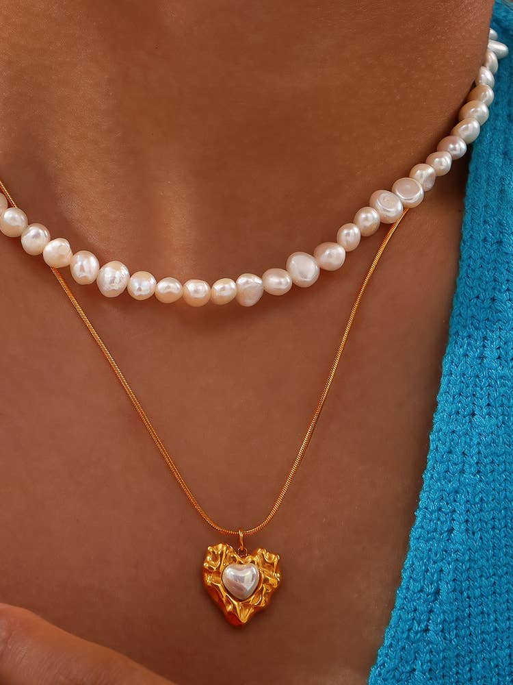 Taliana 18K Gold Non-Tarnish Layered Pearl Heart Necklace - Uniquely Claudia Boutique