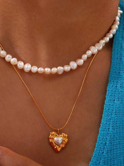 Taliana 18K Gold Non-Tarnish Layered Pearl Heart Necklace - Uniquely Claudia Boutique
