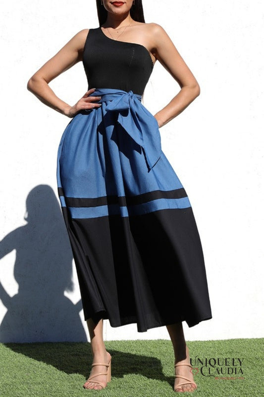 Tamara Color Block One-Shoulder Midi Dress | Uniquely Claudia Boutique