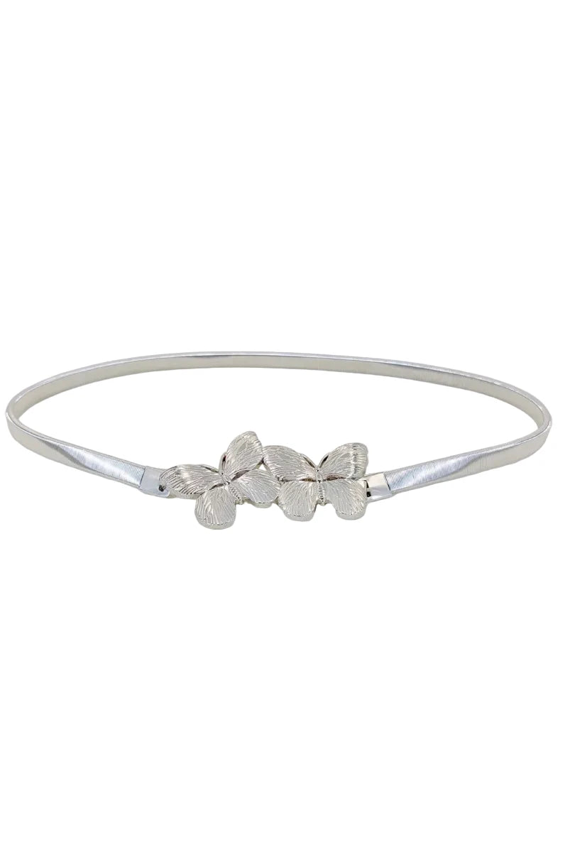 Silver bracelet with butterfly designs on a light gray background