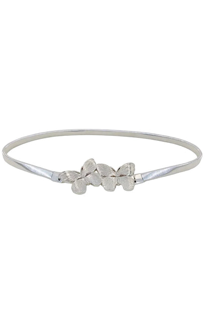 Silver bracelet with butterfly designs on a light gray background