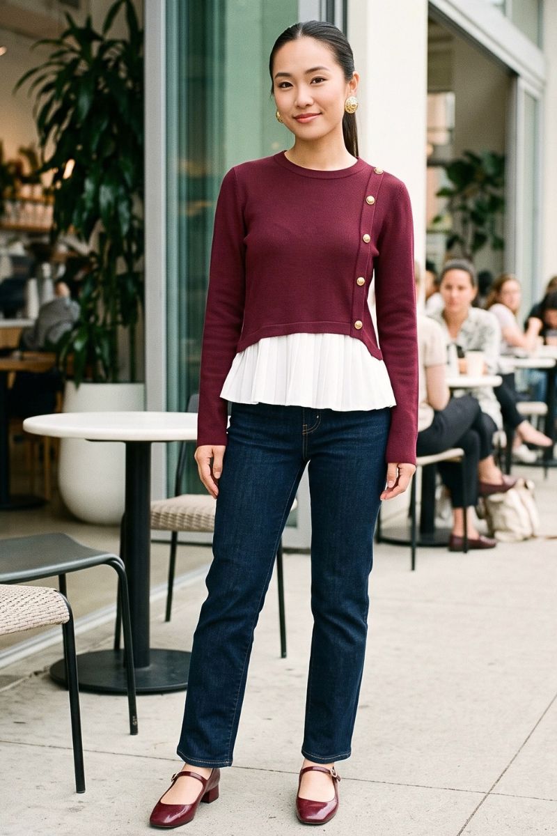 A woman stands outdoors wearing a burgundy long-sleeve cardigan with gold buttons and a white ruffled hem, paired with dark blue jeans and burgundy flats.